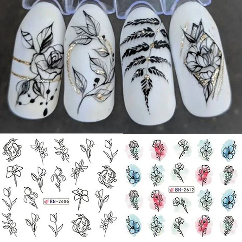 12 Pcs Summer Ink Blooming Flowers Nail Art Stickers, Water Decal Leaves Graffiti Slider Nail Decoration Beauty World Shop