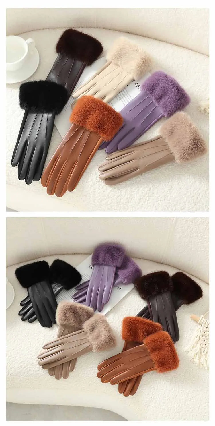 Winter Luxury Women's PU Leather Gloves Wrist Soft Faux Fur Trim Cuff Fashion Elegant Party Warm Touch Screen Drive Cycling Beauty World Shop