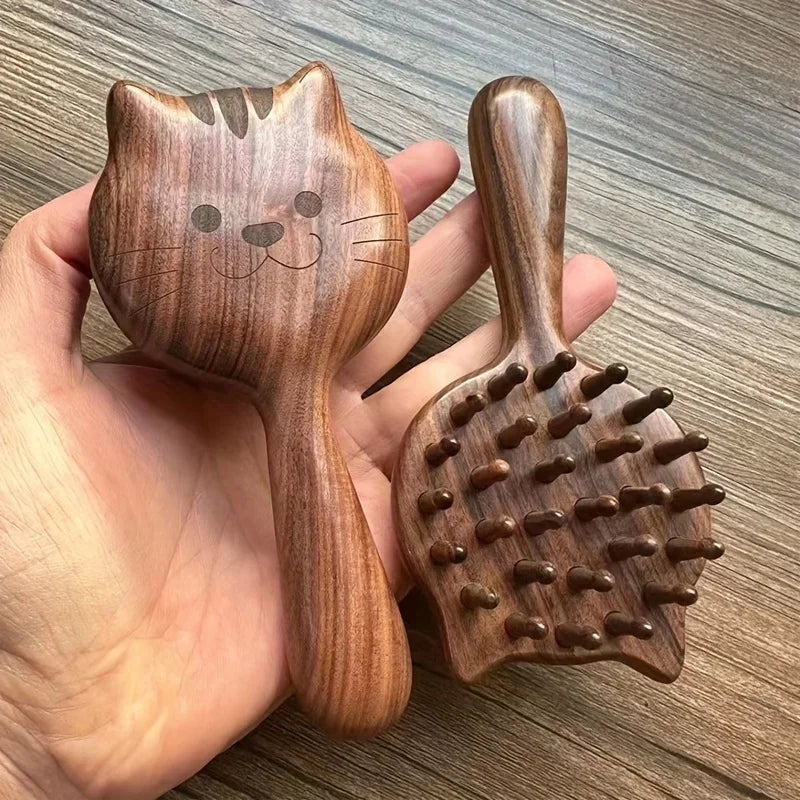 Charming Kitten Shape Solid Wood Massage Comb - Women's Air Cushion Scalp & Meridian Relief Beauty World Shop