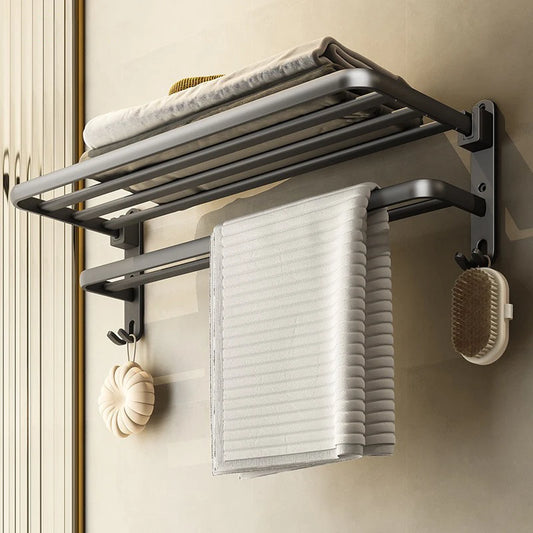 50CM Matte Black Folding Holder With Hook Towel Holder Wall Mount AluminumTowel Rack Bathroom shower rack Bathroom Accessories Beauty World Shop