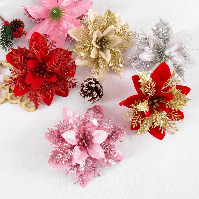 Christmas Glitter Artificial Flowers Christmas Tree Hanging Ornaments Fake Flower for Home 2025 Xmas New Year 2026 Navidad Gift Beauty World Shop