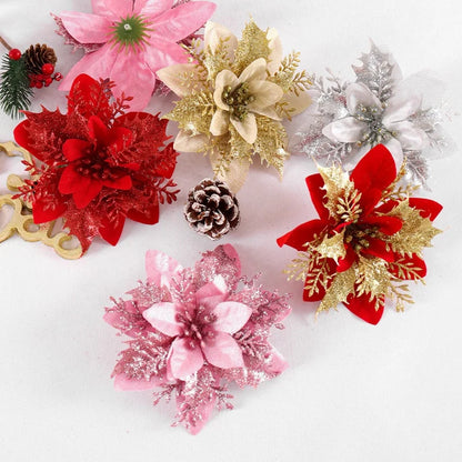 Christmas Glitter Artificial Flowers Christmas Tree Hanging Ornaments Fake Flower for Home 2025 Xmas New Year 2026 Navidad Gift Beauty World Shop