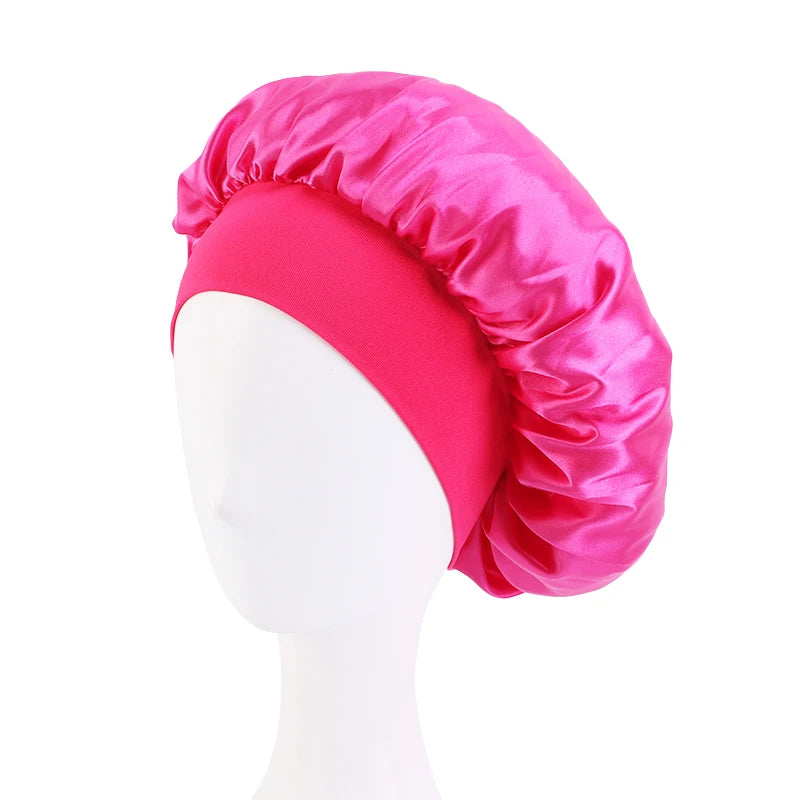 New Women's Satin Solid Wide-brimmed Sleeping Hat Unisex Head Wrap Elastic Band Cap Hair Care Bonnet Night Hat bonnet de nuit Beauty Fashion