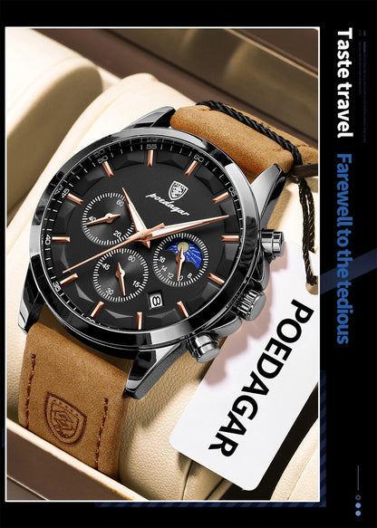POEDAGAR Original Military Men Clock Waterproof Luminous Leather Quartz Man Watch Chronograph Date Luxury Business Men's Watches Beauty World Shop