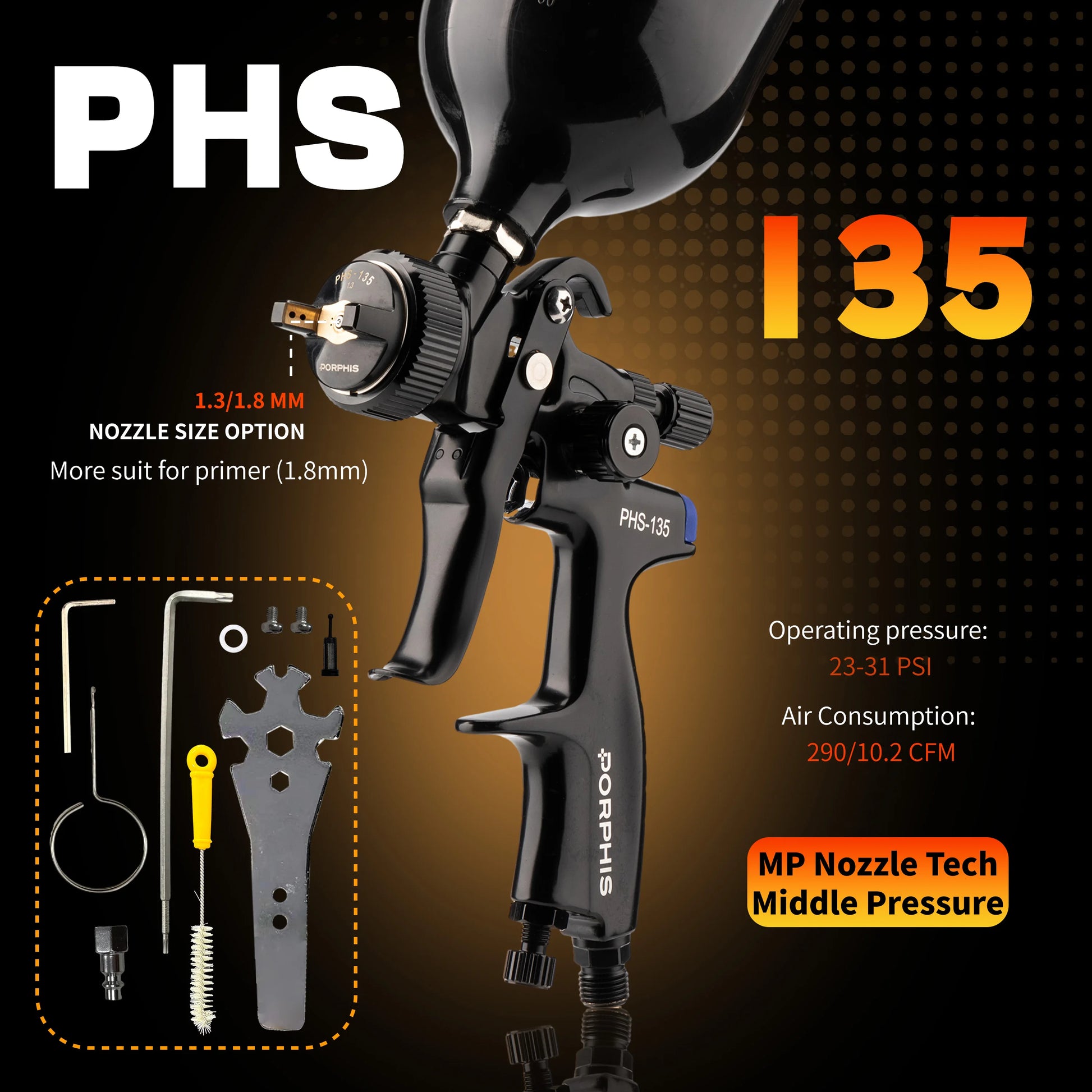 Original  Spray Gun PHS-135 1.3Mm/1.8Mm Nozzle for Painting Car Aerograph Repair Spray Gun Air Tools Oil and Water Paint