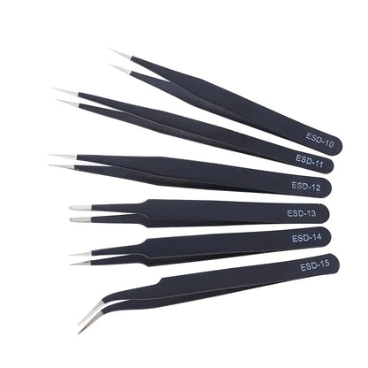 6Pcs Anti-static ESD Tweezers Maintenance Tool Industrial Precision Curved Straight Tweezers Repair Tools Set Beauty World Shop