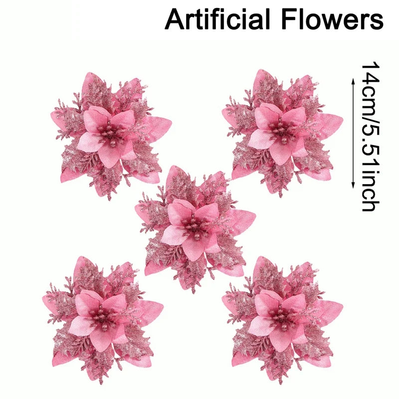Christmas Glitter Artificial Flowers Christmas Tree Hanging Ornaments Fake Flower for Home 2025 Xmas New Year 2026 Navidad Gift Beauty World Shop