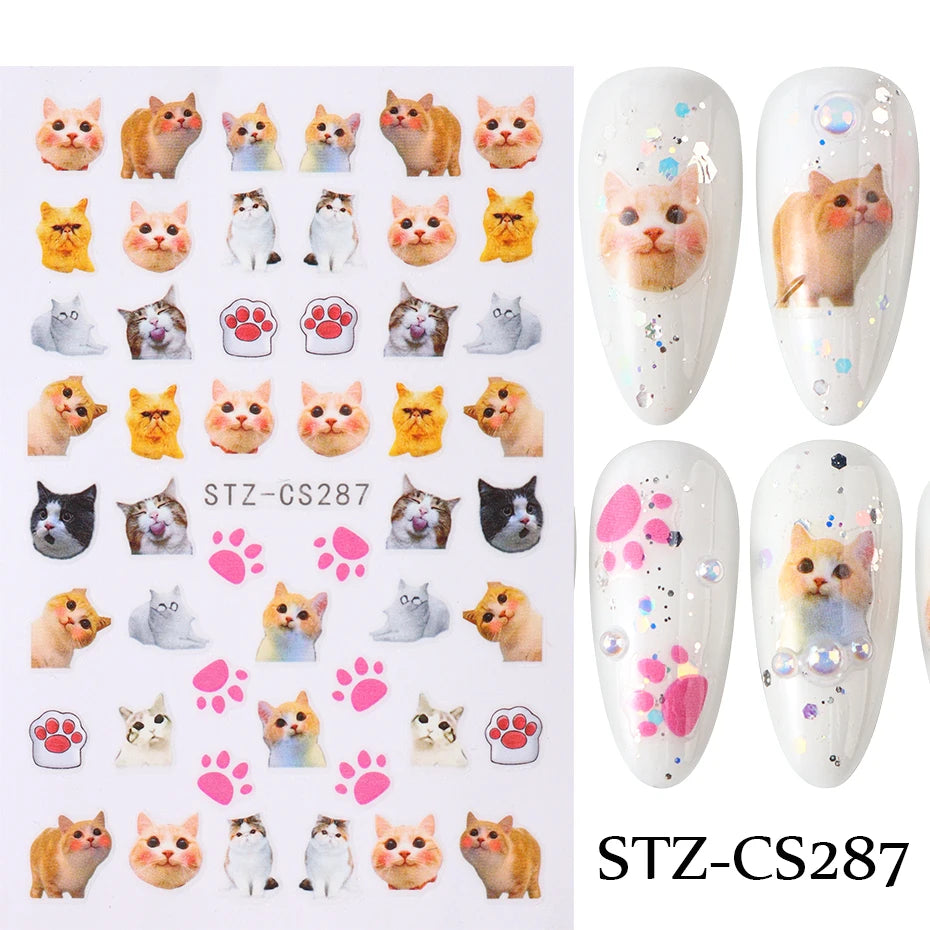 Lovely Dog Cat Animal Bunny 3D Korean Cartoon Scrawl Relief Self Adhesive Nail Art Stickers Cute Pretty Puppy Kitty Star Manicur Beauty World Shop