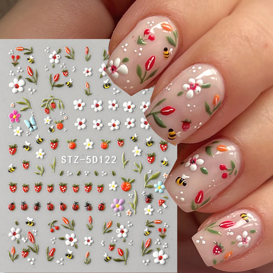 5D Embossed Kawaii Ladybug Sliders Spring White Daisy Flowers Nail Stickers DIY Simple Petals Wedding Nails Decals Accesories Beauty World Shop