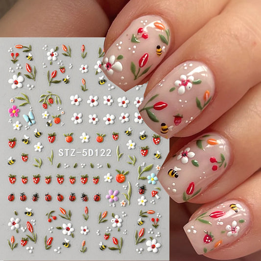 5D Embossed Kawaii Ladybug Sliders Spring White Daisy Flowers Nail Stickers DIY Simple Petals Wedding Nails Decals Accesories Beauty World Shop