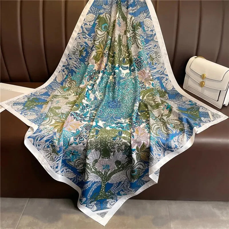 90cm Silk Twill Square Scarf For Women Spring Print Hair Band Hijab Foulard Sunsceen Neckerchief Shawl Wraps Echarpe New Beauty World Shop