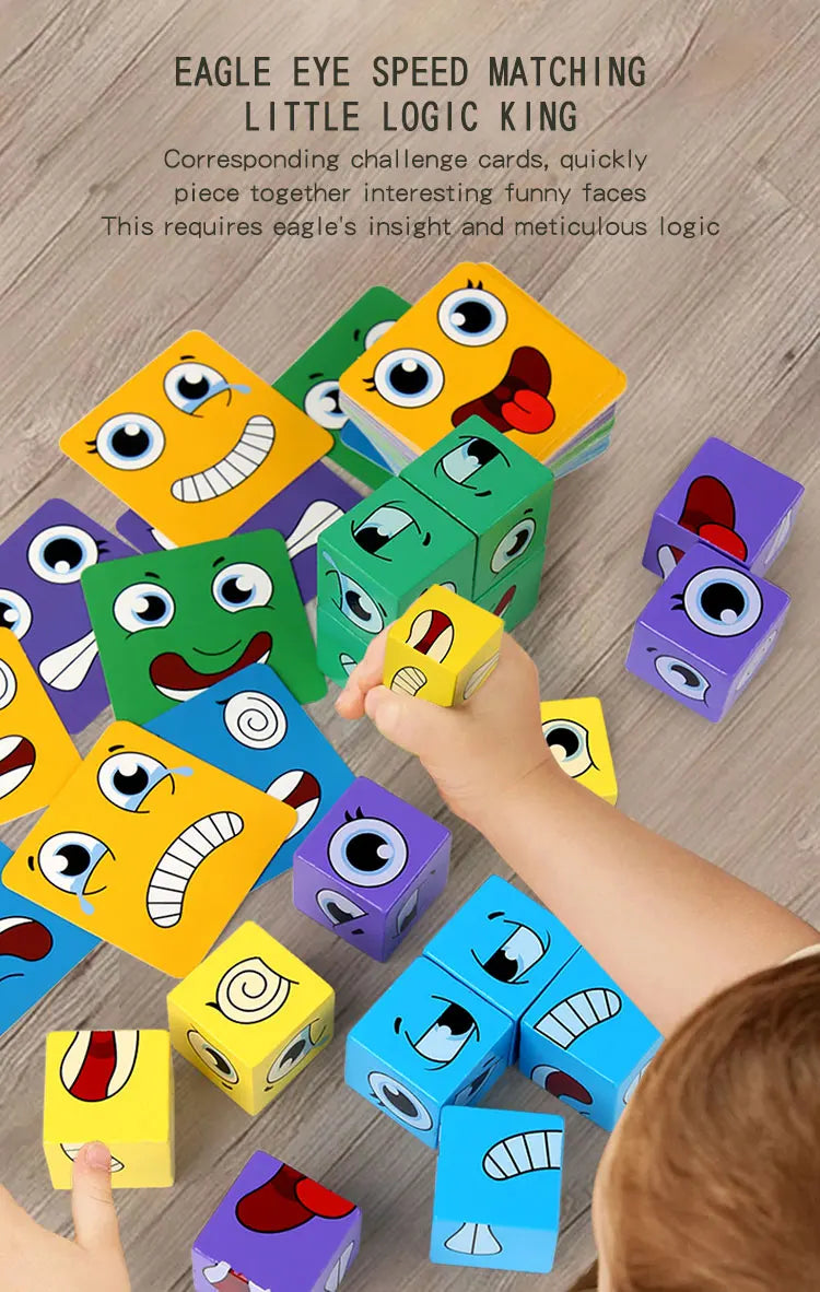 Kids Emotions Expression Game Wooden Cube Face Changing Board Cartoon Puzzle Toy Montessori Thinking Challenge Games Beauty Fashion