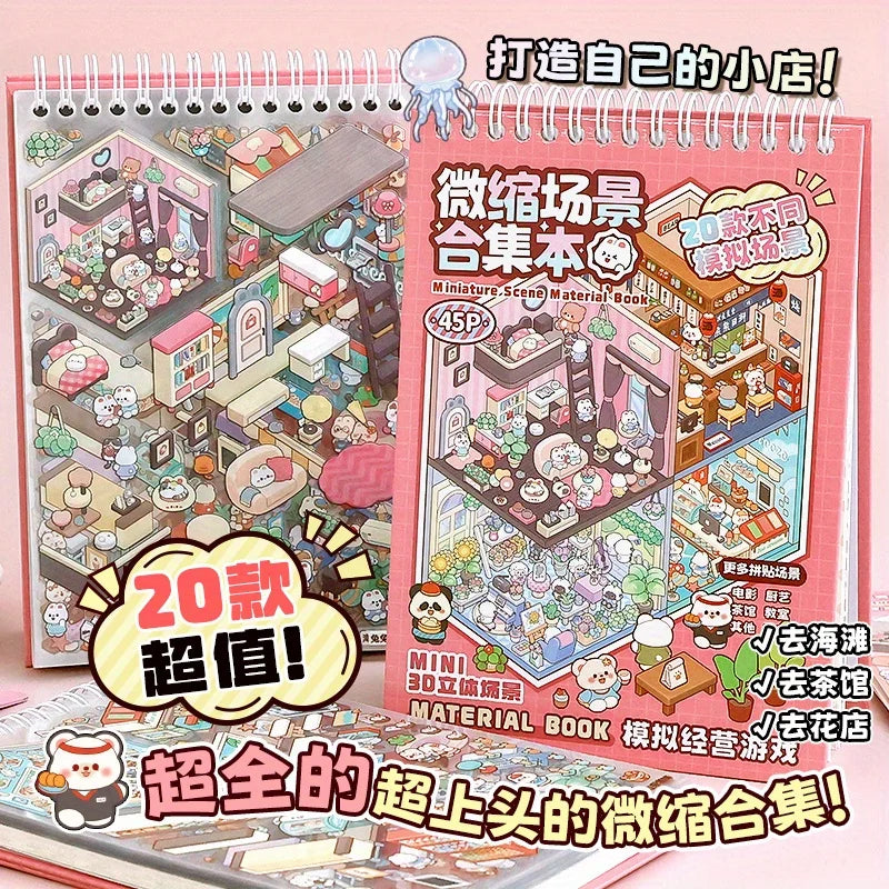 Mr Paper 45Pcs Scenes Cartoon Landscape Sticker Book Forest Village DIY 3D Sticker Cabin Scene Pocket Birthday Gift For Planner Beauty World Shop