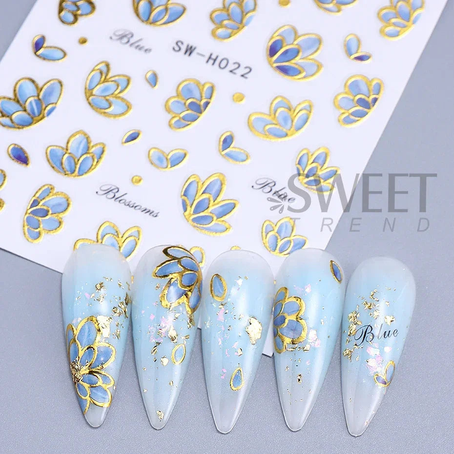 5pcs Metallic Gold Line Flower Nail Stickers 3D Bronzing Border Petals Sakura Leaf Nail Decals Slider DIY Elegant Manicure Decor Beauty World Shop