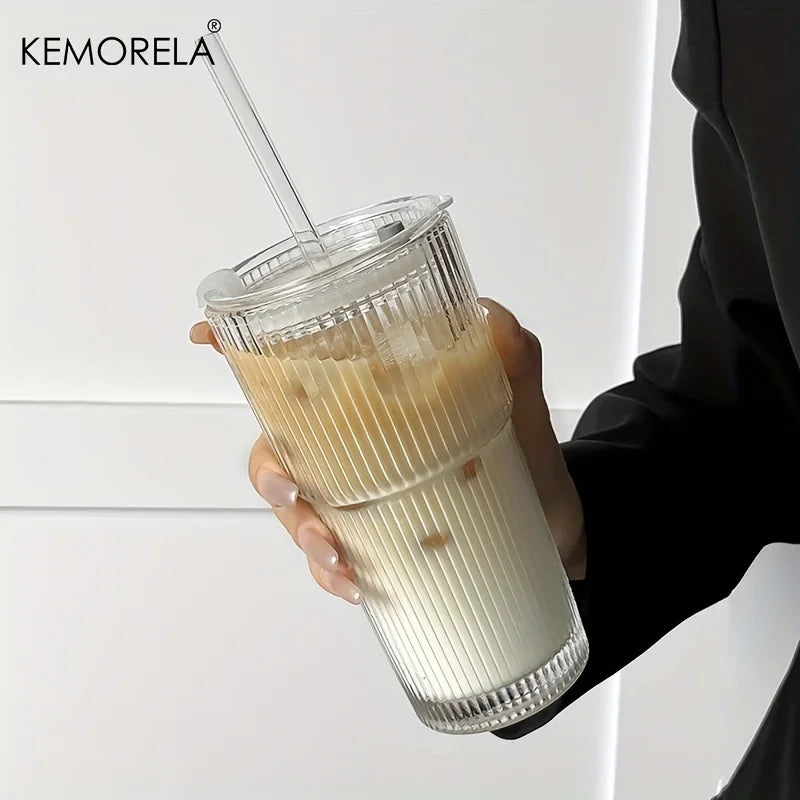 600ML Stripe Glass Coffee Cup With Lid and Without Cover Straw Transparent Drinking Glasses for Juice Iced Coffee Mugs Drinkware Beauty World Shop