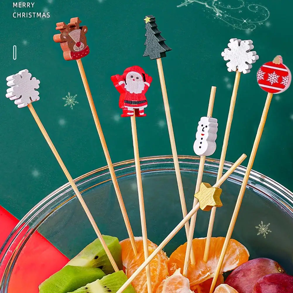 100Pcs Christmas Bamboo Skewer Cocktail Picks Cupcake Topper Disposable Food Dessert Toothpicks Fruit Sticks Party Supplies Beauty Trend Shop