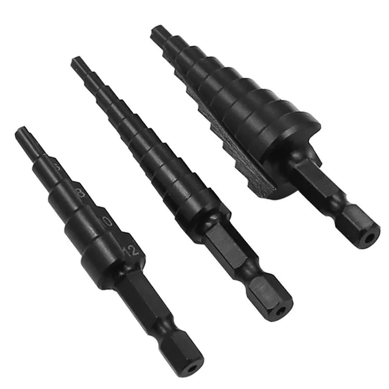 3Pcs HSS Straight Groove Step Drill Bit 3-12mm 4-12mm 4-20mm Nitride Black Hex Wood Metal Hole Cutter Core Drilling Tools Set Beauty World Shop