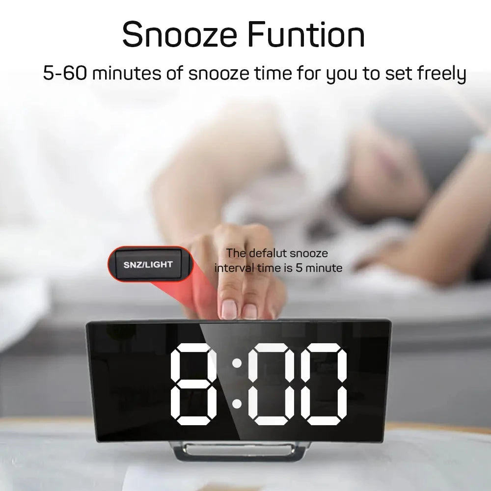 Curved Screen Clock Digital Led Alarm Clock with Temperature Display Large Mirror Clock Snooze Bedside Table Clock Room Decor Beauty World Shop