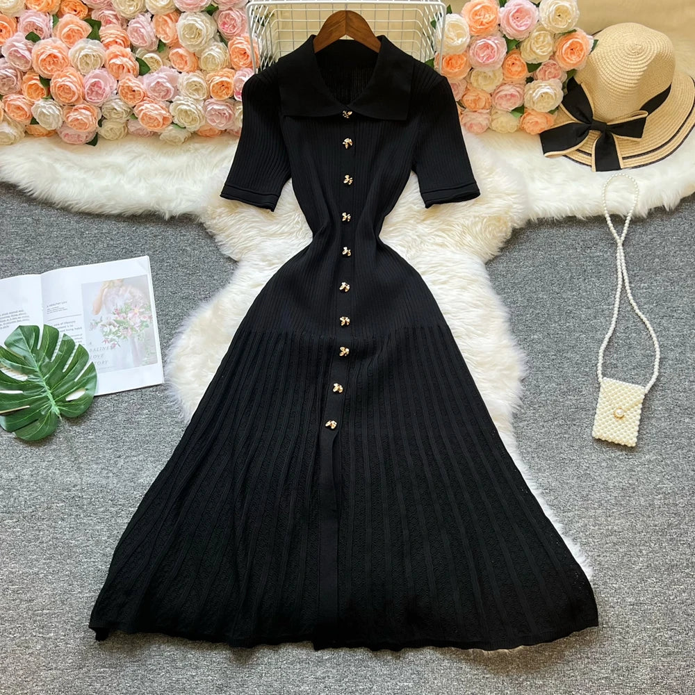 YuooMuoo Brand Fashion Vintage Turn-down Collar Knit Maxi Dress Elegant Single-breasted A-line Long Shirt Dress Lady Vestidos Beauty World Shop