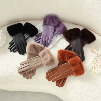 Winter Luxury Women's PU Leather Gloves Wrist Soft Faux Fur Trim Cuff Fashion Elegant Party Warm Touch Screen Drive Cycling Beauty World Shop
