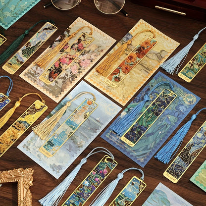 Vintage Oil Painting Metal Bookmarks - Hollow Hot Stamping Long Tassel Bookmarks - Stationery Gifts for Book Clubs, Book Lovers, Beauty World Shop