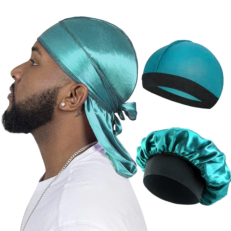 3PCS/LOT Men Silky Durag Long Tail Pirate Hat Headband Turban Dome Wave Cap Unisex Wig Cap Elastic Band Satin Bonnet Beauty World Shop
