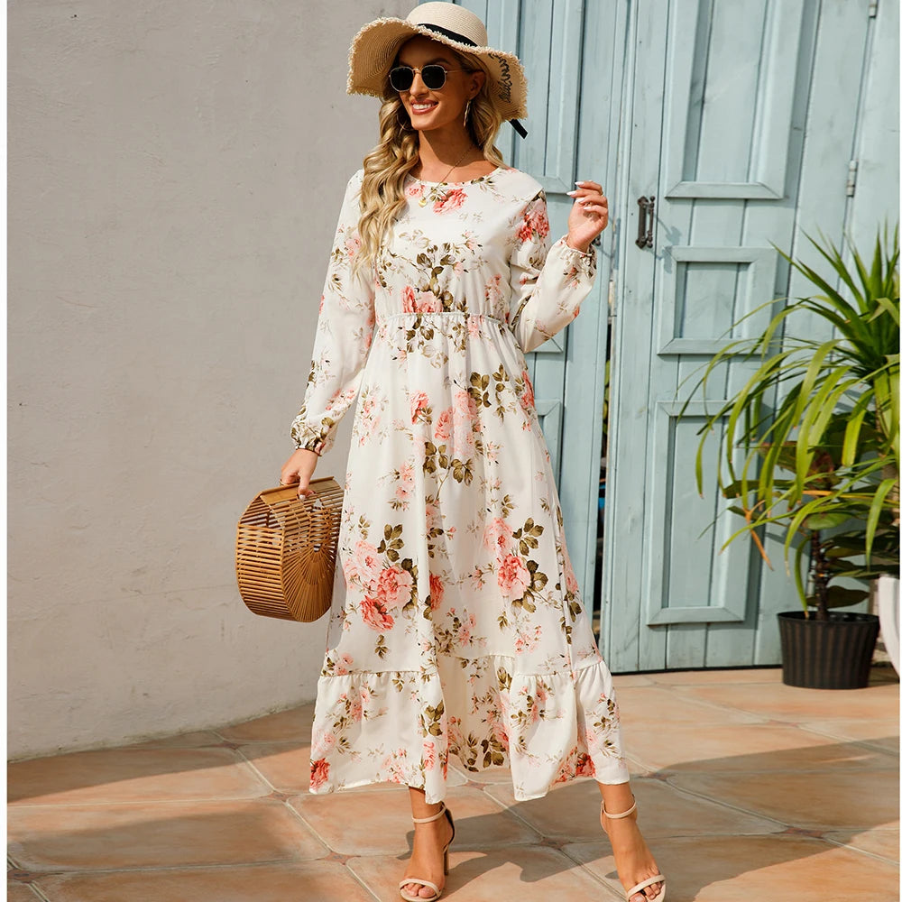 2023 Sping Summer Bohemian Women Maxi Dress Casual Long Sleeve High Waist Beach Woman Chiffon Dresses Floral Vestidoes Mujer New Beauty World Shop