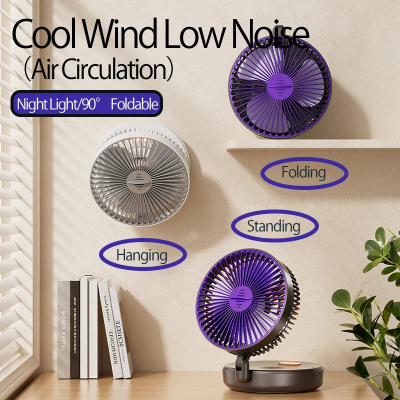 2024 New Rechargeable 3IN1 Multifunctional Portable Fan Wall Mounted Fan 90° Folding Fan 4 Gears With Warm Night Light Beauty World Shop