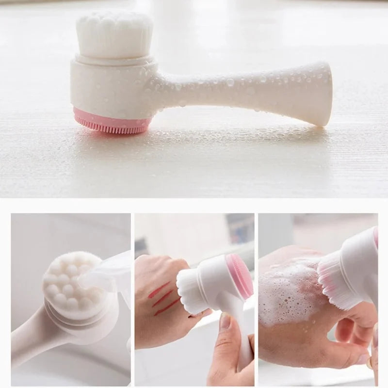 3D Double Silicone Facial Cleansing Brush Manual Massage Facial Brush Soft Bristles Exfoliator Double Sided Face Wash Brush Beauty World Shop