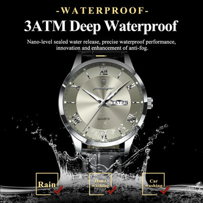 POEDAGAR Business Brand Men Clock Waterproof Luminous Date Week Fashion Man Wristwatch Leather Luxury Men's Quartz Watches Reloj Beauty World Shop