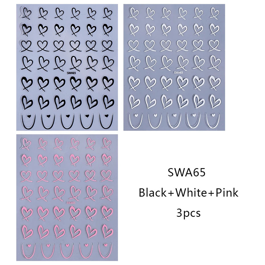 3pcs Valentine's Day Nail Art Stickers 3D Black White Pink Lines Love Heart Nail Decals DIY Adhesive Slider Manicure Decorations Beauty World Shop