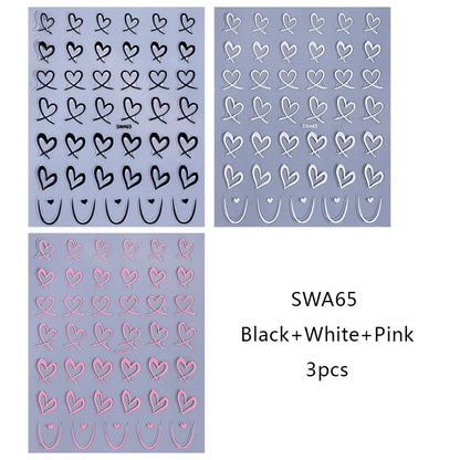 3pcs Valentine's Day Nail Art Stickers 3D Black White Pink Lines Love Heart Nail Decals DIY Adhesive Slider Manicure Decorations Beauty World Shop