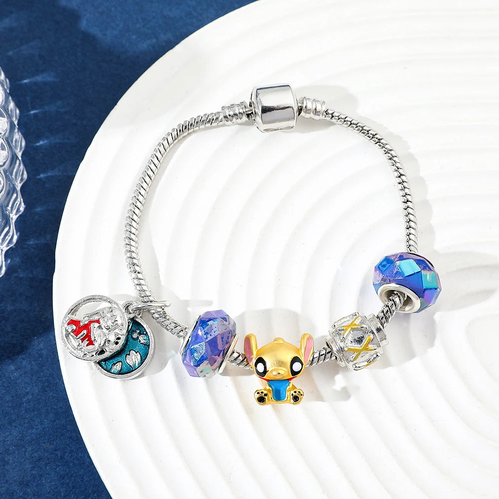 Disney Beaded Bracelet Lilo And Stitch Cartoon Cute Metal Charms Bangle DIY Beads Chain Jewelry Gifts Accessories For Women Kids Beauty World Shop
