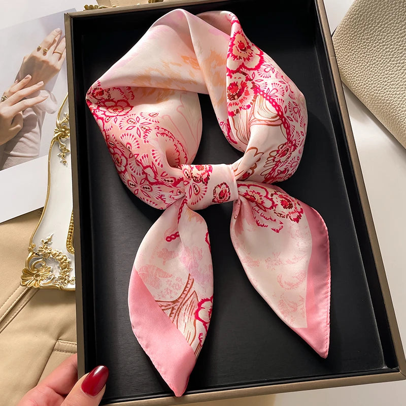 Luxury 2024 Silk Print Hair Scarf Women Floral Kerchief Neck Tie Hand Wrist Foulard Shawl Wraps Head Hijab Bandana Echarpe Beauty World Shop