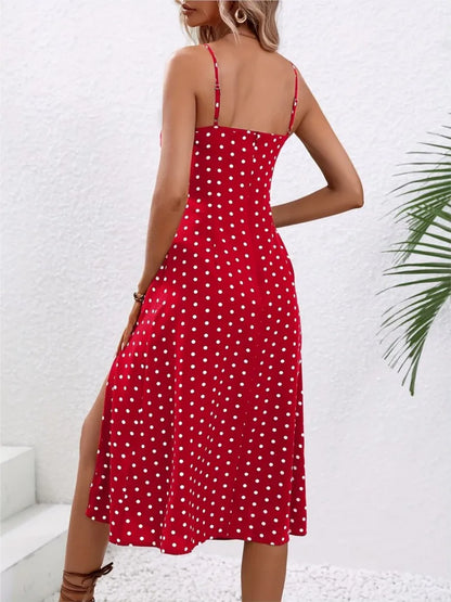 New Summer Sexy Spaghetti Straps Dress Women Fashion Polka Dot Print Sleeveless Slit Dress Boho Casual Beach Midi Dresses Beauty World Shop