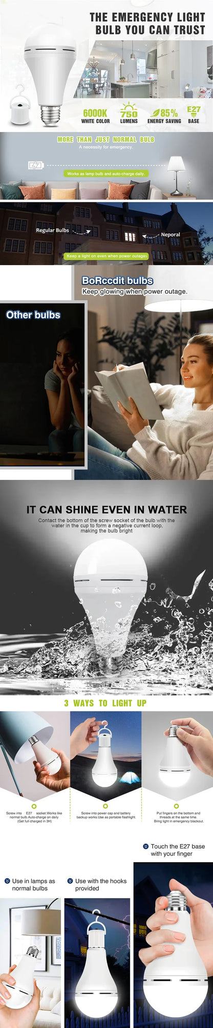 LED Rechargeable Light Bulb 7w 9w 12w 15w 85-265V Emergency Bulb Portable Hanging Camping Lamp for Tent Home Power Failure Porch Beauty World Shop