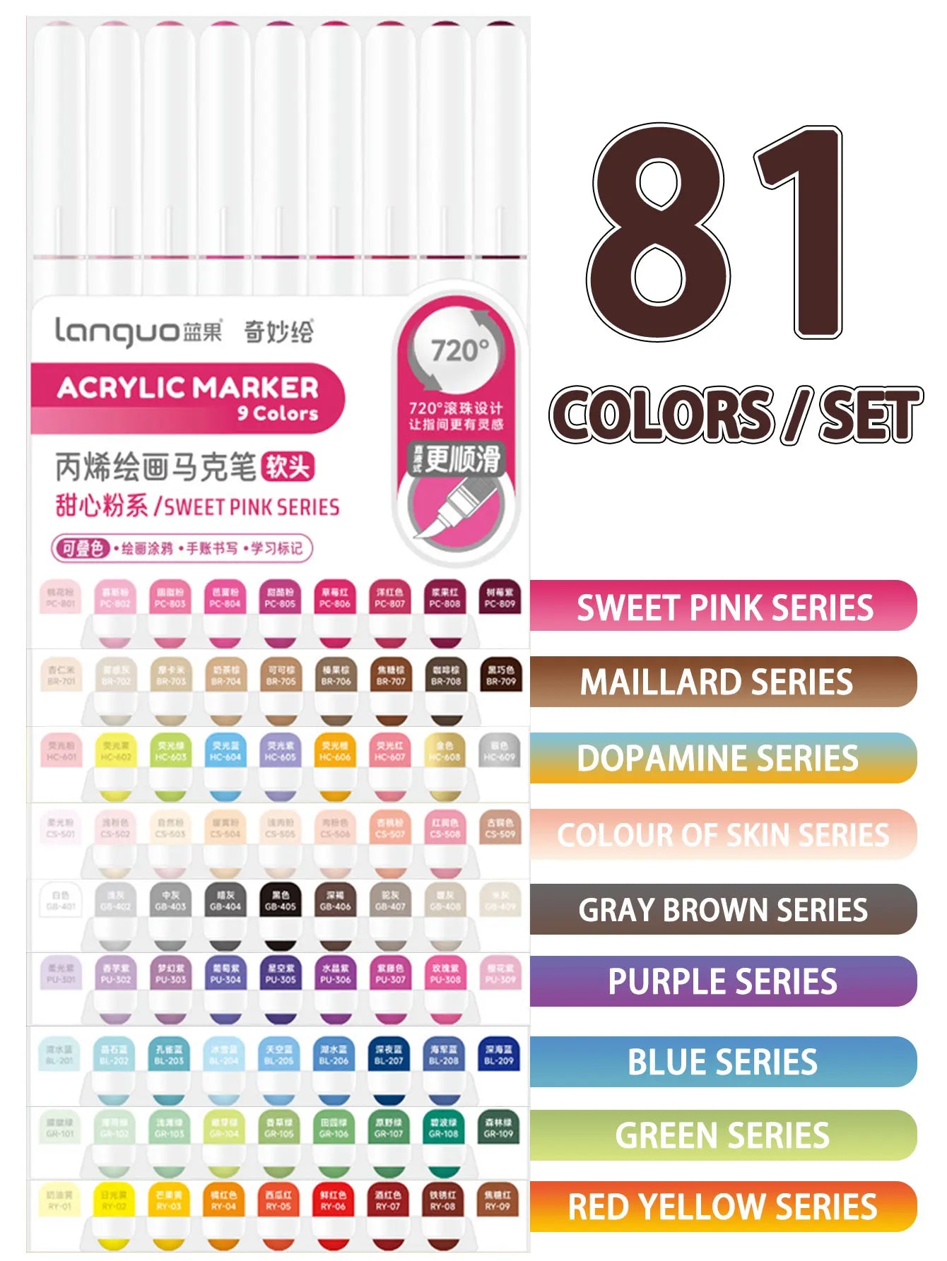Languo 9pcs/box Soft Brush Acrylic Marker Pen Set，DIY Hand Drawn,Paint Art Markers pens,Student Graffiti Acrylic Paint Pens,M720 Beauty World Shop