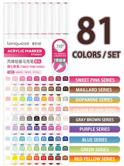 Languo 9pcs/box Soft Brush Acrylic Marker Pen Set，DIY Hand Drawn,Paint Art Markers pens,Student Graffiti Acrylic Paint Pens,M720 Beauty World Shop