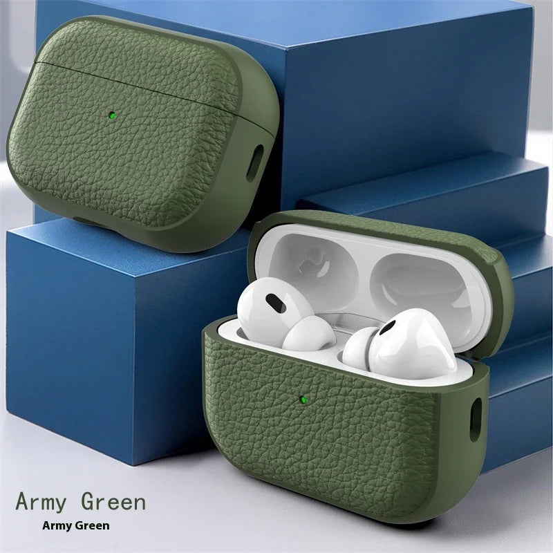 For Airpods Pro3 Case Luxury Lychee Leather Business Earphone Case with Hook Strap Headphone Cover For Apple AirPods 4 3 2 1 Pro