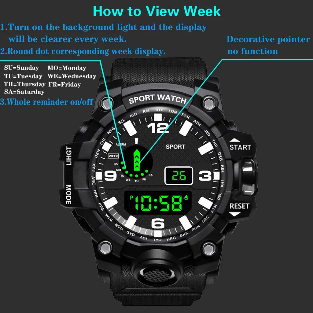 Fashion Men's Watch Sports Electronic Wristwatch Large dial Multifunctional Waterproof Luminous Alarm Kids Male's Military Watch Beauty World Shop