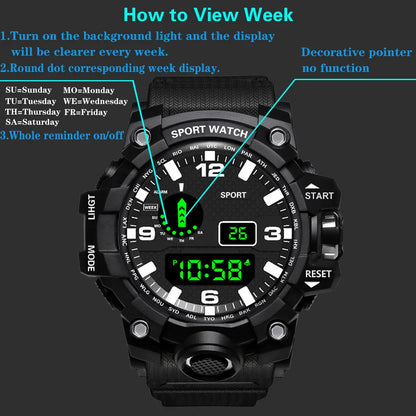 Fashion Men's Watch Sports Electronic Wristwatch Large dial Multifunctional Waterproof Luminous Alarm Kids Male's Military Watch Beauty World Shop