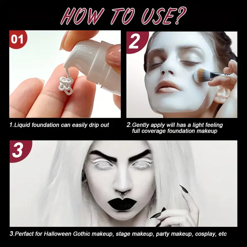 White Liquid Foundation, Full Coverage Heavy Duty Coverage, Creamy Liquid Formula for Goth Makeup, Cosplay, Long-Lasting Matte Beauty World Shop