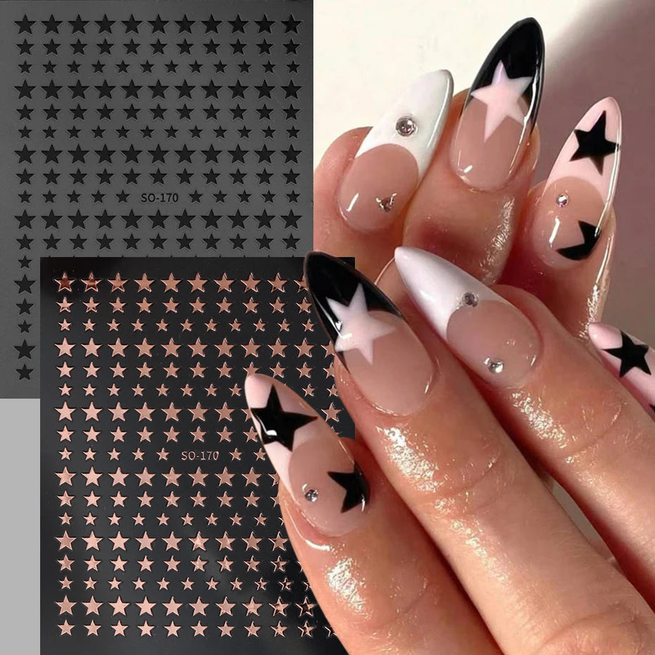 3D Black Pink Stars Stickers for Nails Golden Silvery Stars Adhesive Nail Decals Autumn Winter Festival DIY Nail Art Accessories Beauty World Shop