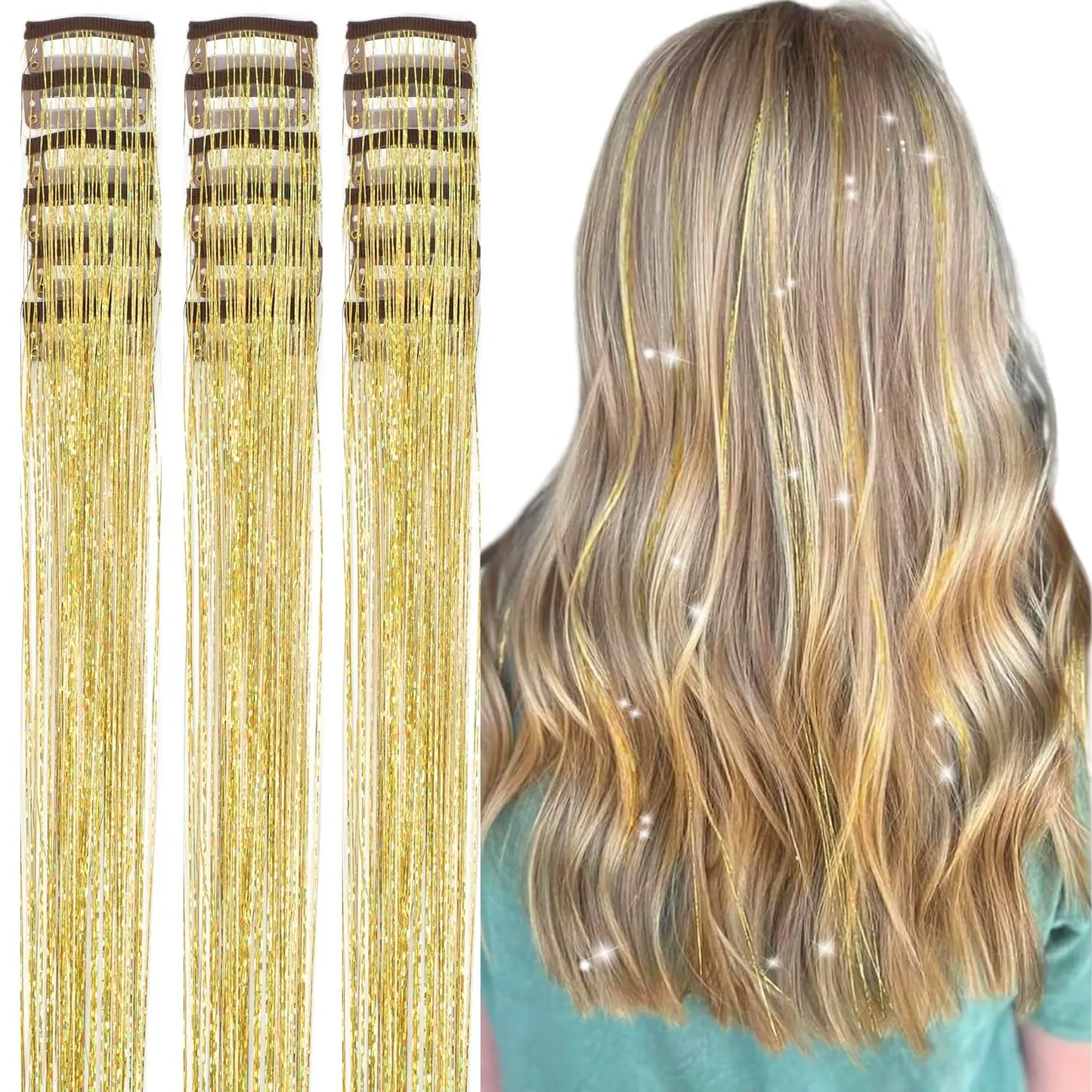 20 Inch Glitter Tinsel Hair Extensions with Clips In, 6Pcs/Set Synthetic Clip in Sparkle Fairy Hair Accessories for Women Kids Beauty World Shop