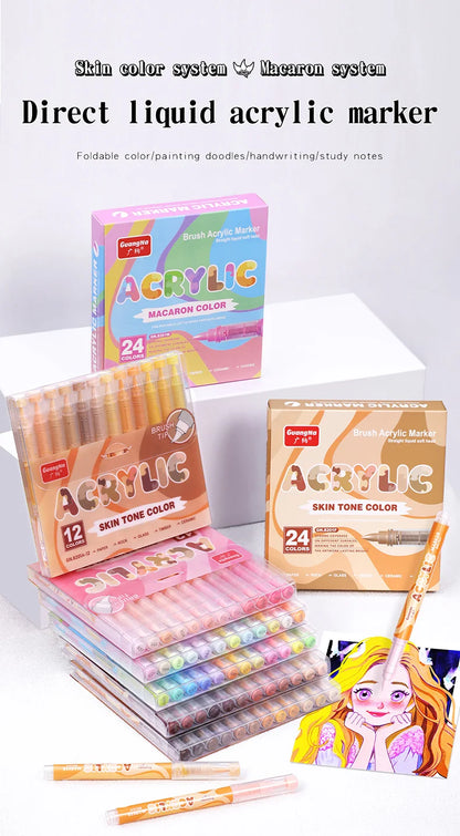 GuangNa 12-72 Colors Soft Brush Acrylic Marker Pen Set,Skin Tone, Macaron color,DIY Hand Drawn,Paint Art Markers pens,GN.8201F/M Beauty World Shop