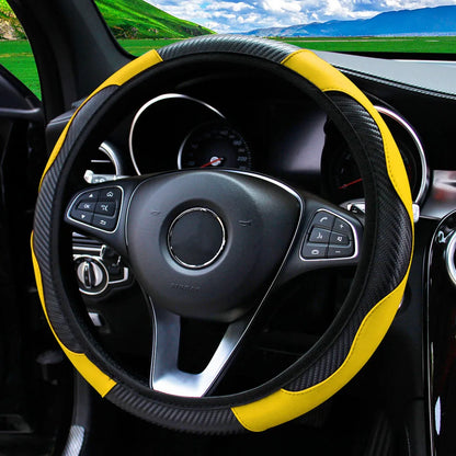 PU Carbon Fiber Leather Car Steering Wheel Cover without Inner Ring Suitable for 14.5-15 Inches of Automotive Supplies Beauty World Shop