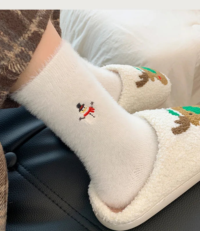 Autumn And Winter Socks, White Mink Fur Christmas Socks, Snowman Santa Claus Christmas Tree Elements, Thickened Warm Socks Beauty World Shop