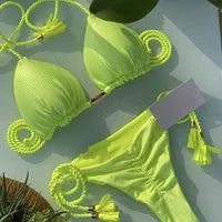 2024 Women's Bikini Swimsuit Women's Split Solid Color Lace-up Sexy Swimsuit 2-piece Set Beauty World Shop