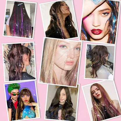 20 Inch Glitter Tinsel Hair Extensions with Clips In, 6Pcs/Set Synthetic Clip in Sparkle Fairy Hair Accessories for Women Kids Beauty World Shop