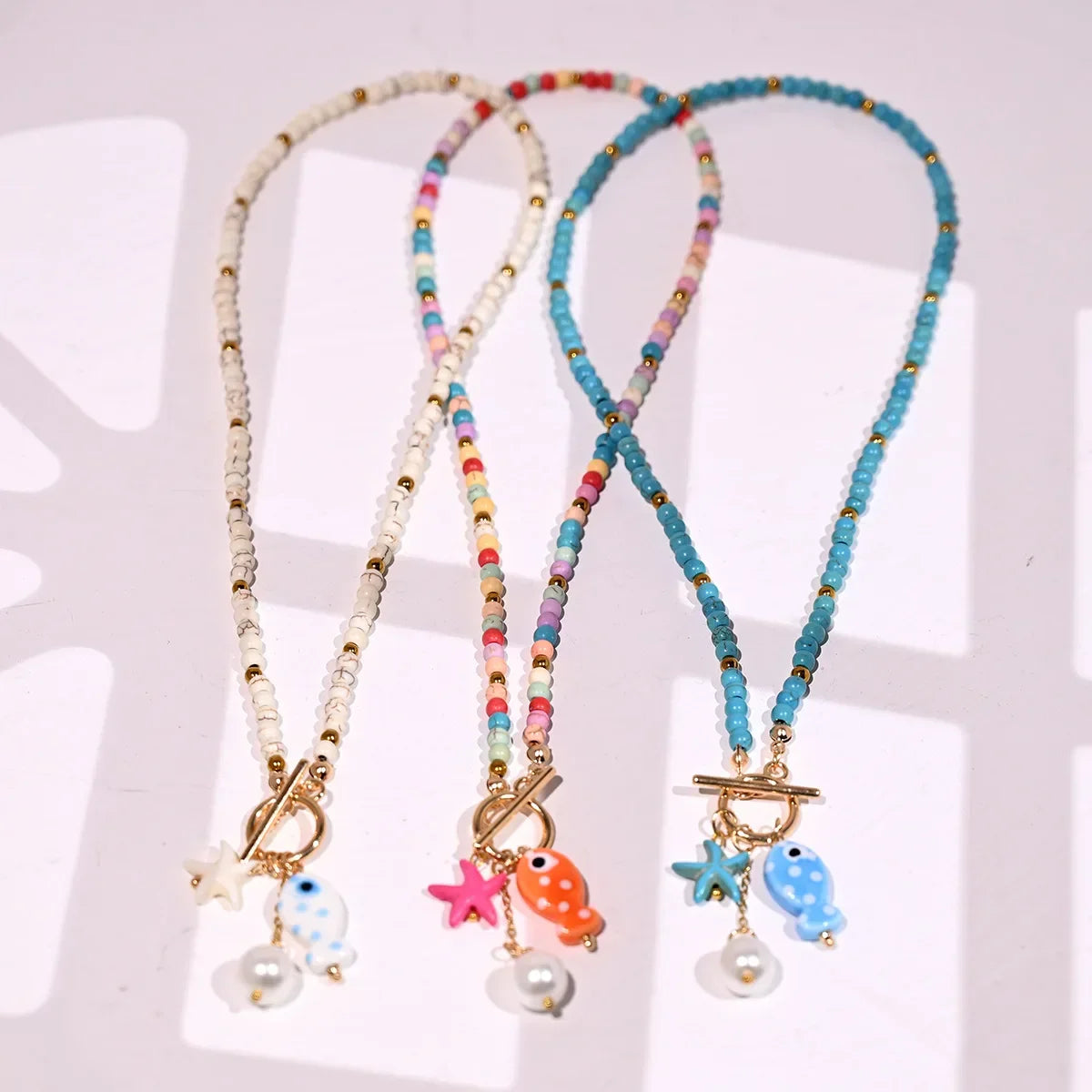 Bohemian Sea-Inspired Ceramic Fish & Starfish Pendant Necklace Dopamine Rainbow Color Beads Necklaces Beach Jewelry Beauty Trend Shop